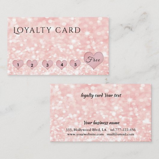 優しエレガントいピ淡い色のンクのハートがキラキラ輝く ロイヤリティカード (正面/裏面)