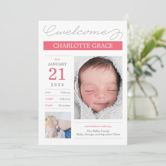 優れたドキュメント化された出産のお知らせ – ピンク 案内状 (スタンド正面)