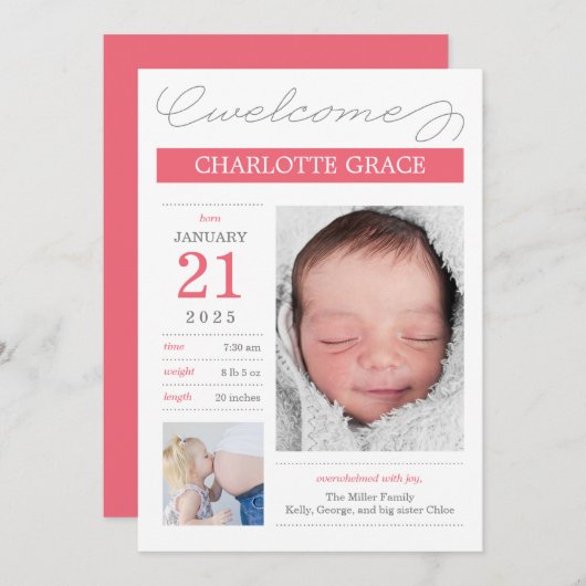 優れたドキュメント化された出産のお知らせ – ピンク 案内状 (正面/裏面)
