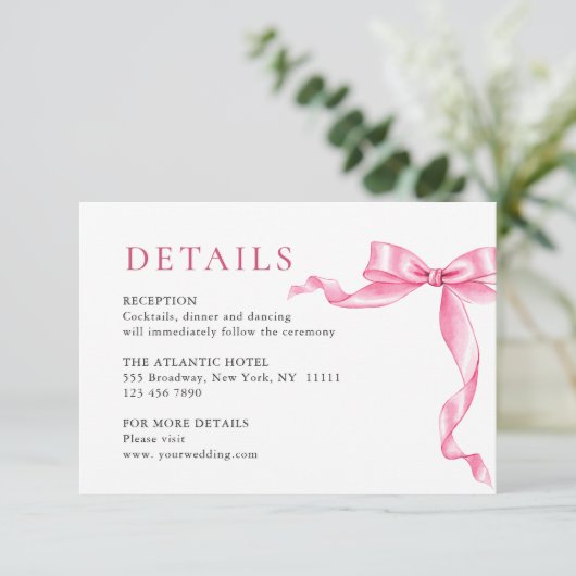 優エレガントしいピンクの手描きボウの結婚詳細 エンクロージャーカード (スタンド正面)