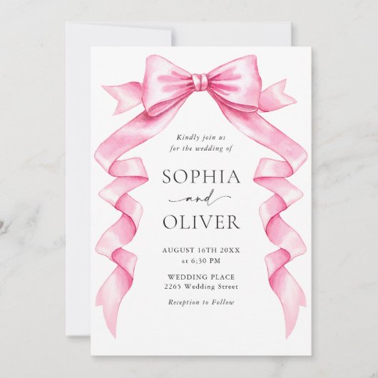 優エレガントしいピンクの手描きボー結婚ズ 招待状 (正面)