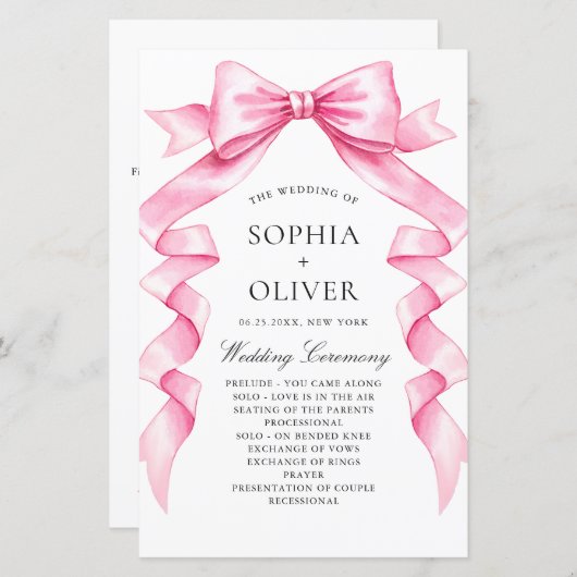 優エレガントしいピンクの手描き弓結婚式 プログラム (正面/裏面)