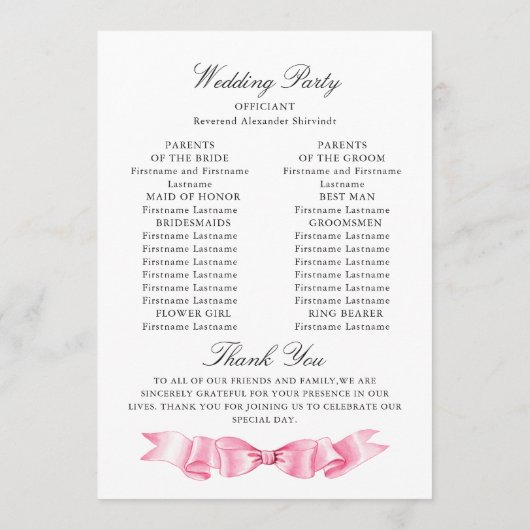 優エレガントしいピンクの手描き弓結婚式 プログラム (裏面)