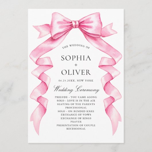 優エレガントしいピンクの手描き弓結婚式 プログラム (正面)
