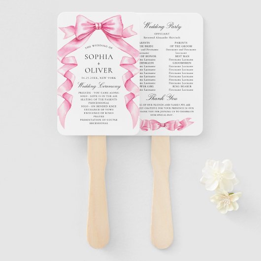 優エレガントしいピンクの手描き弓結婚式 プログラム ハンドファン (正面&裏面)