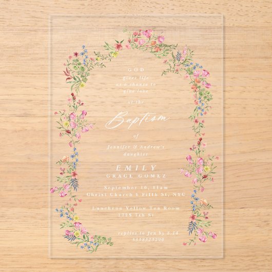 優美なエレガントフローラ夏のアーチバプテスマ アクリル招待状 (正面)