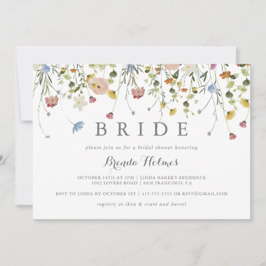優美なカラフルワイルドフラワーズブライドブライダルシャワー 招待状 (正面)