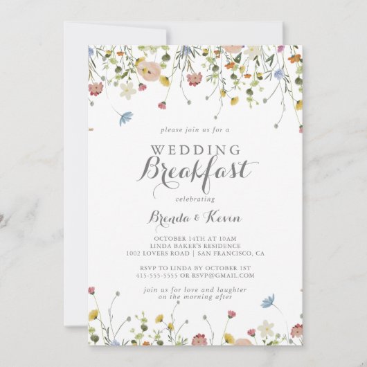 優美なカラフルワイルドフラワーズ結婚ブレックファースト 招待状 (正面)