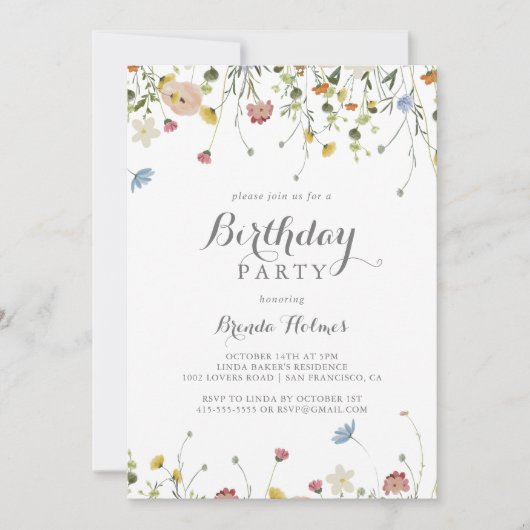 優美なカラフルワイルドフラワーバースデーパーティー 招待状 (正面)