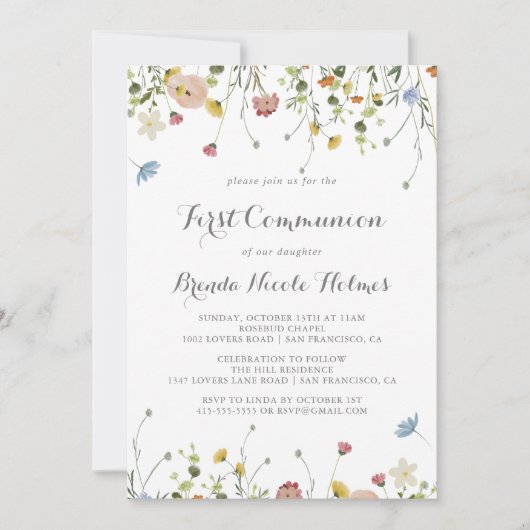 優美なカラフル野生の花が最初の聖餐式 招待状 (正面)
