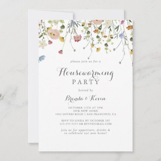 優美なカラフル野生の花引っ越し祝いパーティーパーティー 招待状 (正面)