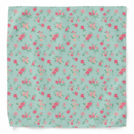 優美なティール（緑がかった色）ピンクの花パターン バンダナ