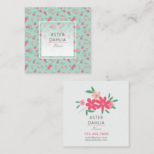 優美なティール(緑がかった色)ピンク小さな花 スクエア名刺 (正面/裏面)