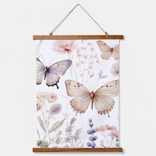 優美なピンクと紫の蝶と花 吊り下げ型タペストリー (正面)
