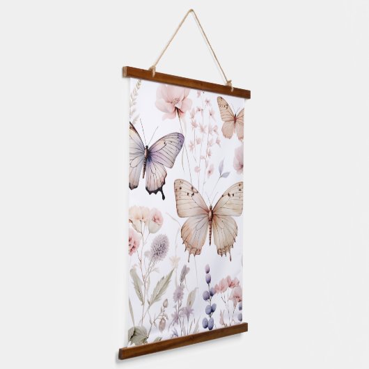 優美なピンクと紫の蝶と花 吊り下げ型タペストリー (傾斜あり)