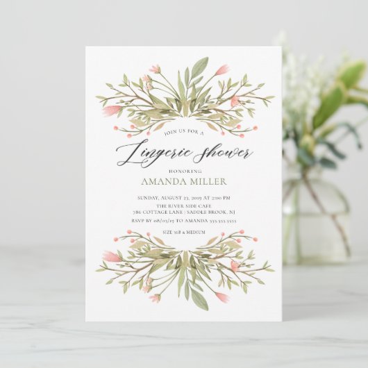 優美なピンクのフローラ緑のブライダルランジェリーシャワー 招待状 (スタンド正面)