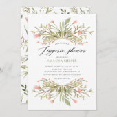 優美なピンクのフローラ緑のブライダルランジェリーシャワー 招待状 (正面/裏面)