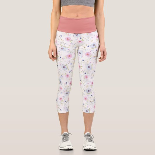 優美なピンク紫色の花ヨガエクササイズ カプリレギンス (正面)