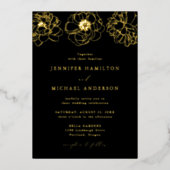 優美なフローラブラックと金ゴールド結婚ズ 箔招待状 (正面)