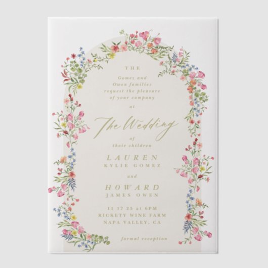 優美なロマンチックフローラアーチ春庭園の結婚式 ベラム紙招待状 (正面)