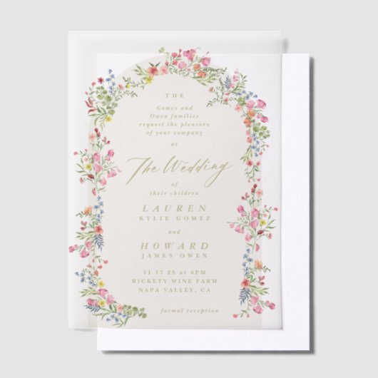 優美なロマンチックフローラアーチ春庭園の結婚式 ベラム紙招待状 (オフセット)
