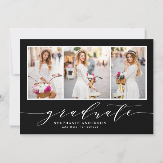 優美な台本3枚フォトブラック卒業パーティー 招待状 (正面)