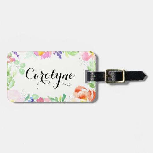 優美な水カラーフローラ枠パーソナライズされた ラゲッジタグ (正面横)