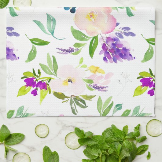 優美な水彩花 | 牡丹とウィステリア キッチンタオル (折り畳み)