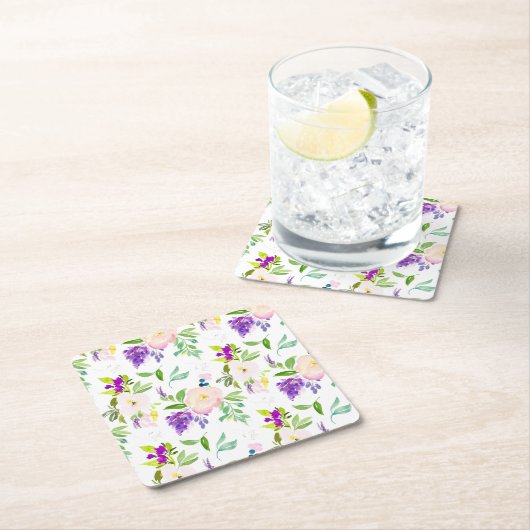 優美な水彩花 | 牡丹とウィステリア スクエアペーパーコースター (インサイチュ)