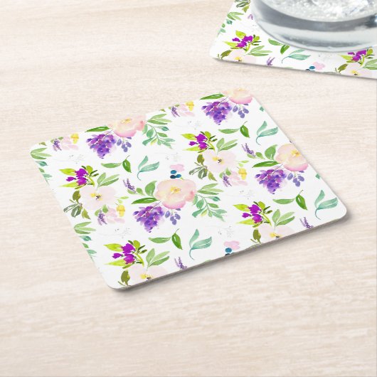 優美な水彩花 | 牡丹とウィステリア スクエアペーパーコースター (アングル)