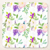 優美な水彩花 | 牡丹とウィステリア スクエアペーパーコースター (正面)