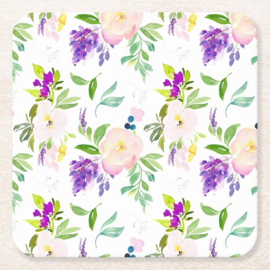 優美な水彩花 | 牡丹とウィステリア スクエアペーパーコースター (正面)