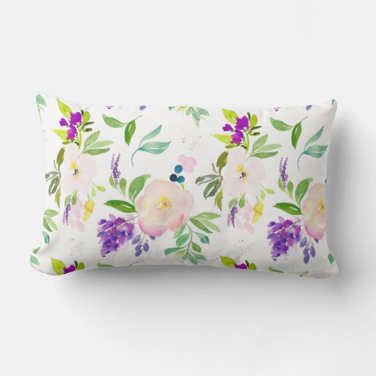 優美な水彩花 | 牡丹とウィステリア ランバークッション (正面)