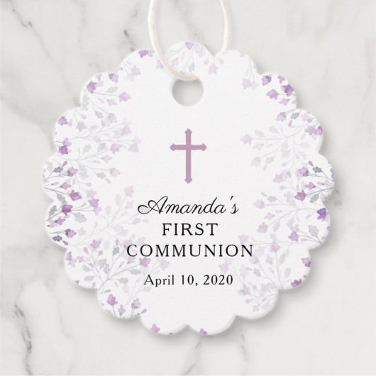 優美な紫のフローラ初の聖餐式 フェイバータグ (正面)
