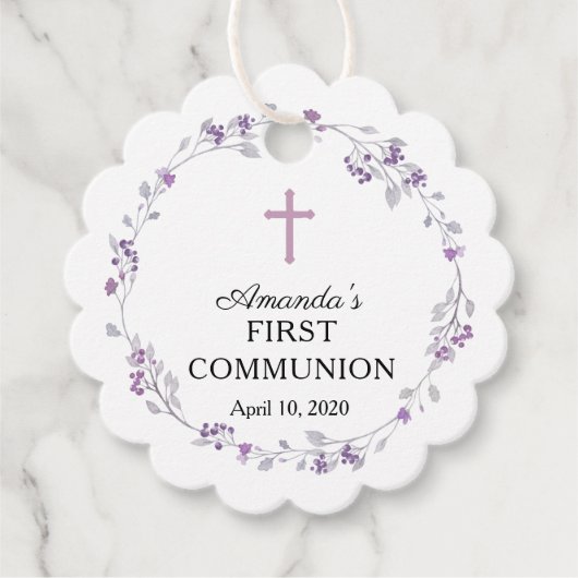 優美な紫のフローラ初の聖餐式 フェイバータグ (正面)