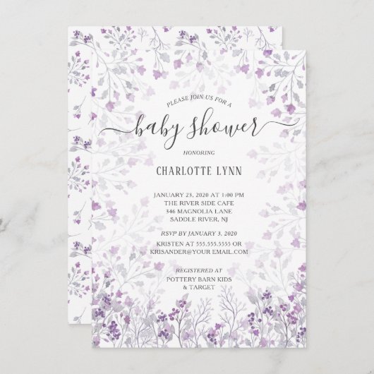 優美な紫色の水色の花ガールズベビーシャワー 招待状 (正面/裏面)