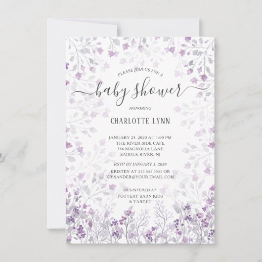 優美な紫色の水色の花ガールズベビーシャワー 招待状 (正面)