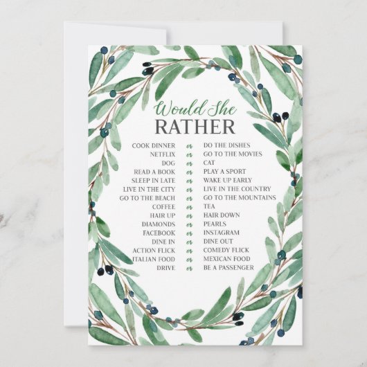 優美な緑の草木のブライダルは彼女むしろ梳きます 招待状 (正面)