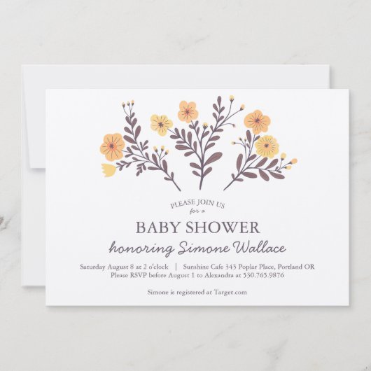 優美な花模様エレガントシックカスタムベビーシャワー 招待状 (正面)