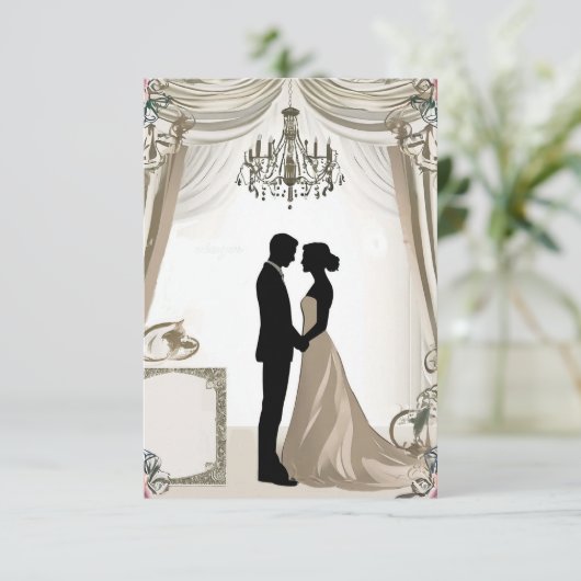 💍 優美な花輪と共に描かれた恋人たちのシルエット 💍 招待状 (スタンド正面)