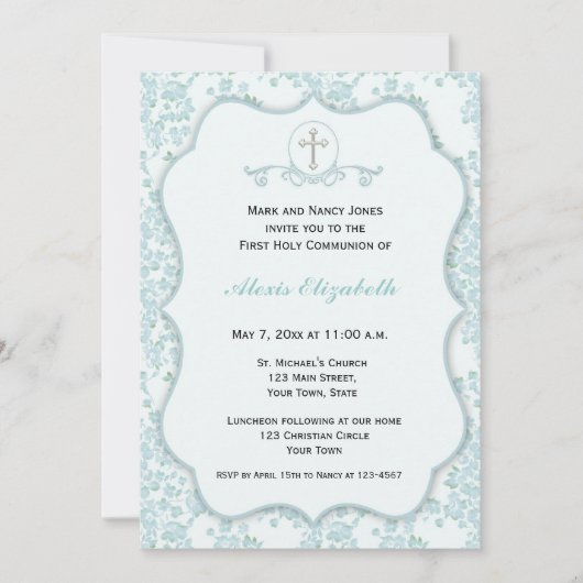 優美な青いフローラ宗教 招待状 (正面)