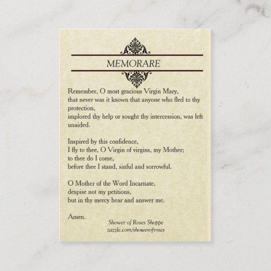 優美のMemorareの神聖なカードの私達の女性 名刺 (裏面)