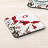 優美エレガントな赤フローラモノグラムの花 コースター (左側)