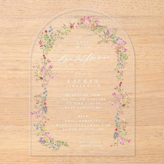 優美エレガントフローラ春ブライダルシャワーアーチ アクリル招待状 (正面)