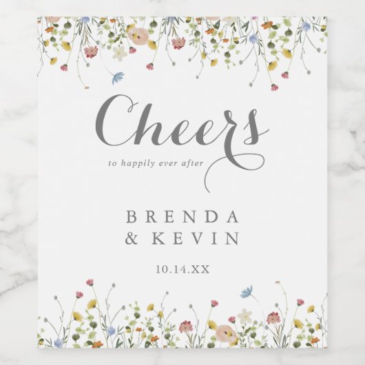 優美カラフルな野生の花の応援の結婚数 ワインラベル (シングルラベル)