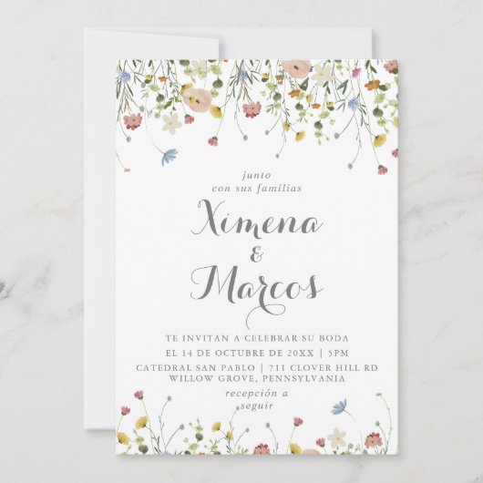 優美カラフルな野生の花ボダ結婚の 招待状 (正面)