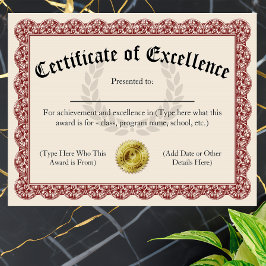 優良賞証明書 赤 カスタマイズ可能 8.5x11