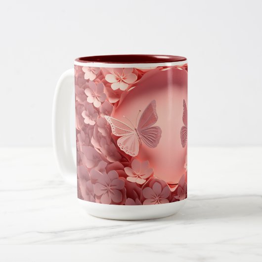 優雅さを体験： 3Dバタフライコーヒーマグ ツートーンマグカップ (正面左)
