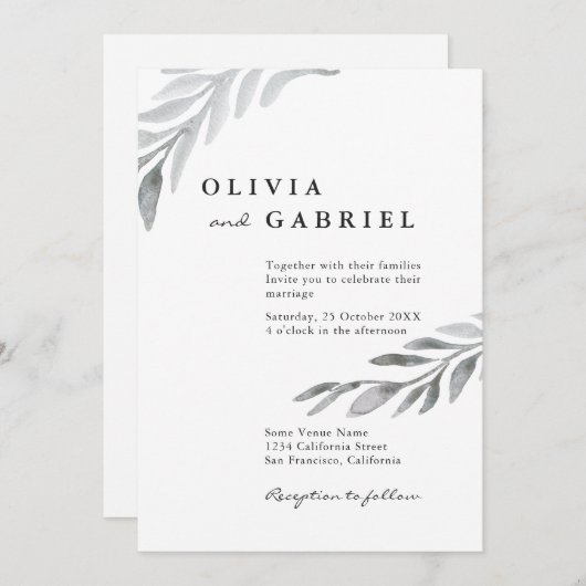 優雅で風通しの良い水色の植物結婚の葉 招待状 (正面/裏面)