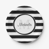 優雅で黒いキャンデーのストライプおよびパーティーのモノグラム ペーパープレート (正面)